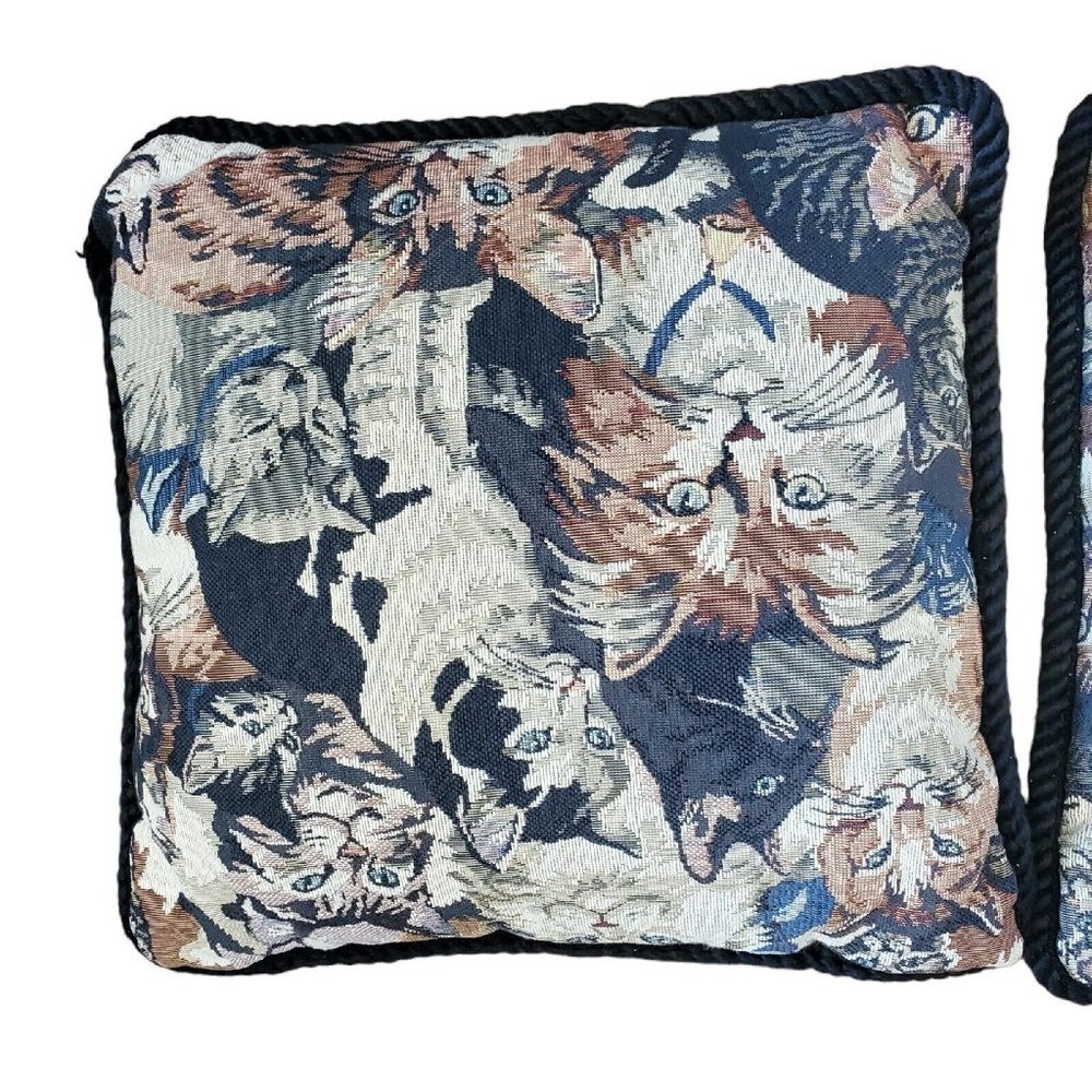 Vintage 90s Cat Kitty Face Tapestry‎ Throw Pillows Set Of 2 12x13 - Picture 4 of 6